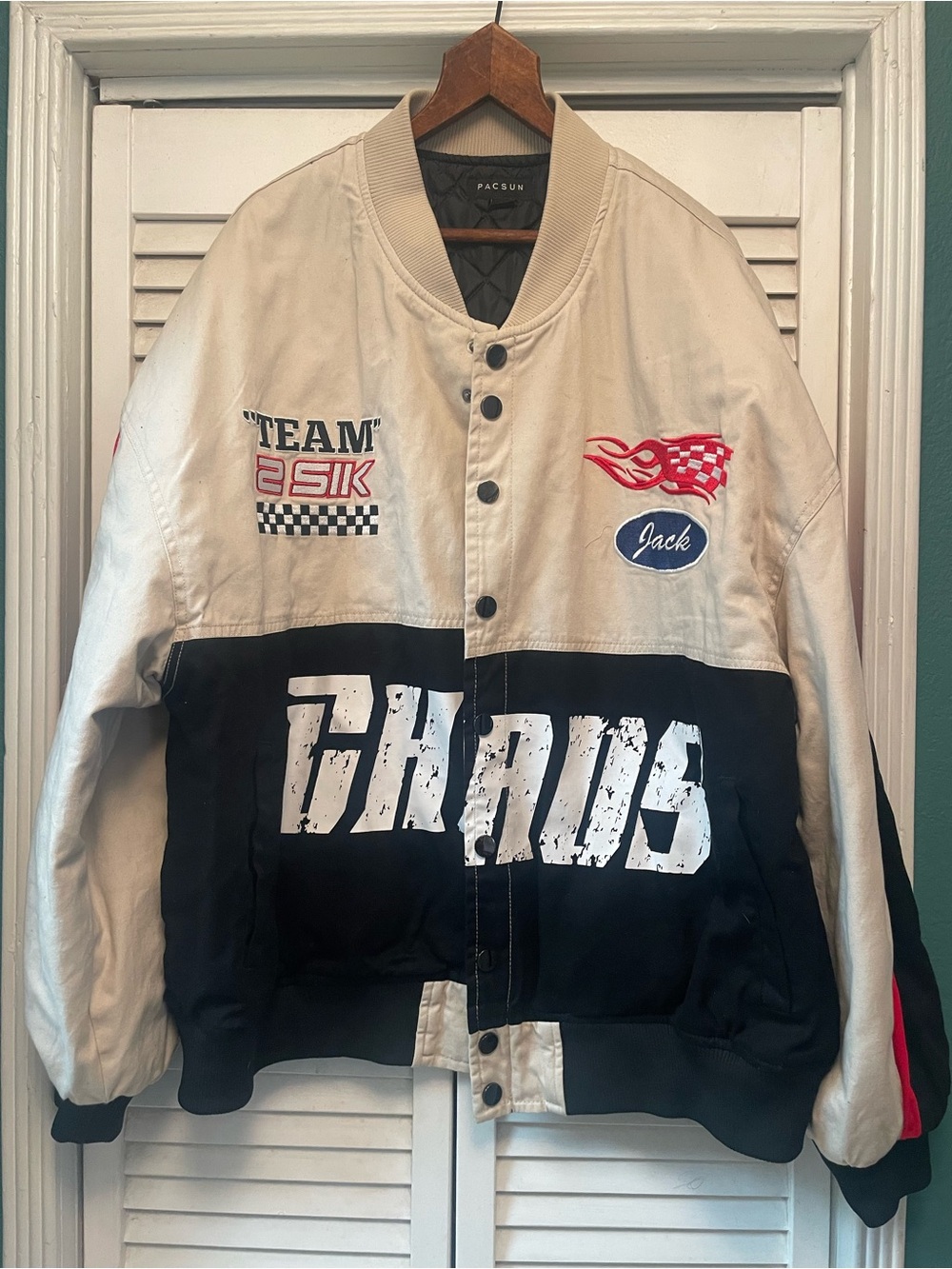PacSun White & Black Racing Patch Bomber Jacket